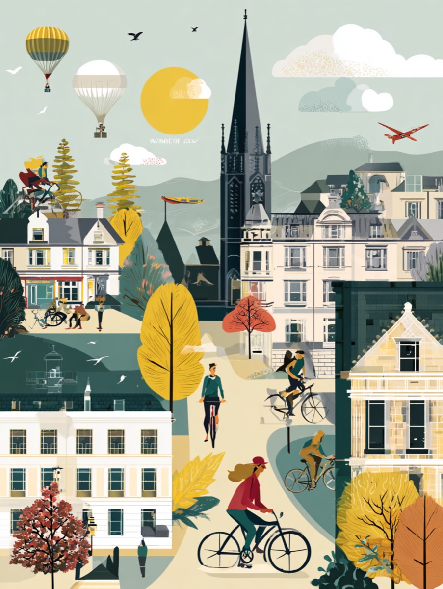 Illustrated Bristol skyline with cyclists and hot air balloons